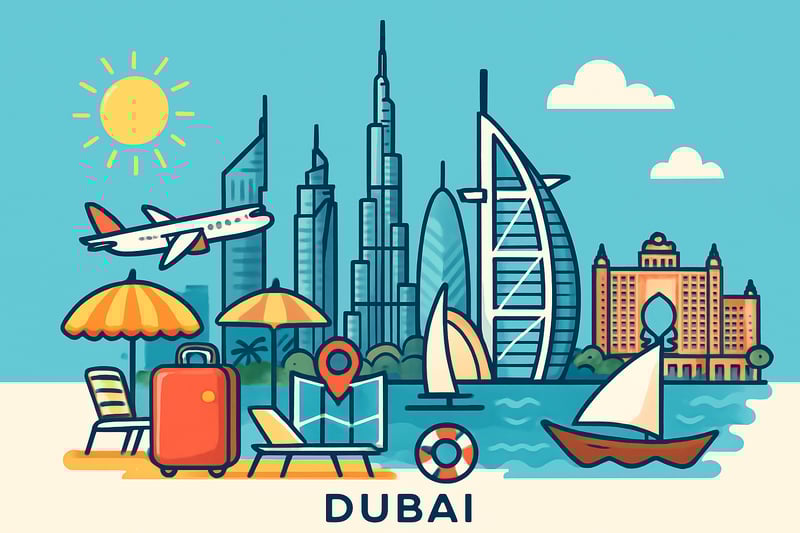 Dubai cityscape with famous landmarks and travel icons