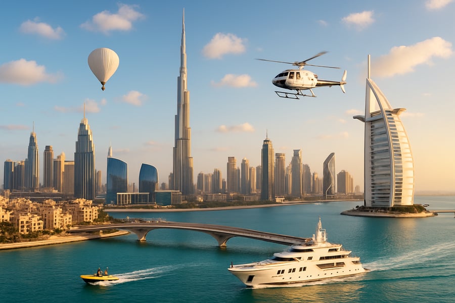 Dubai skyline with iconic landmarks and luxury travel experiences